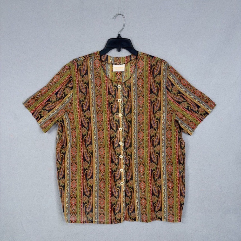 Geiger Collections Blouse Womens 44 Colorful Paisley Striped Short Sleeve Boho